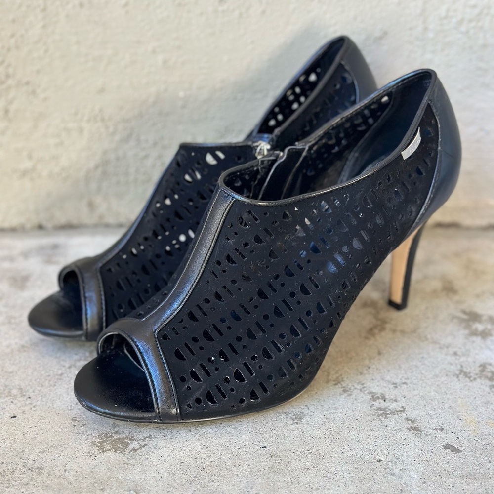 Calvin Klein Black open toed heels with side zipper, size 9.